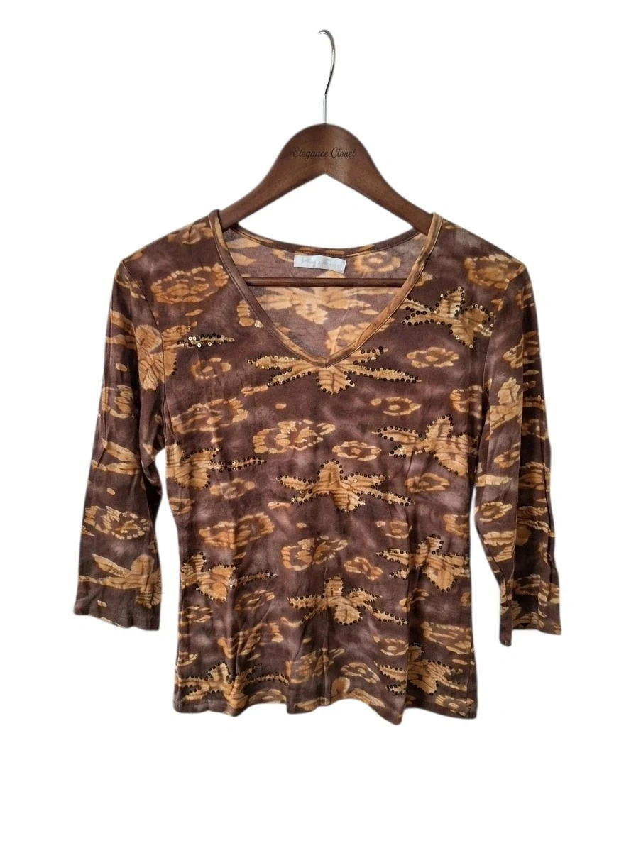 Top met 3/4 mouwen bruin met print en pailletten – Maat L 40 – Zeer goede staat – photo 3